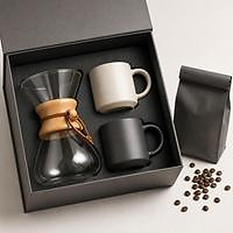 Box de regalo con cafetera de goteo de vidrio con collar de madera, dos tazas de diseño en crema y gris oscuro, y una bolsa de café en grano