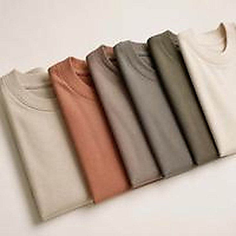 Seis remeras de algodón premium dobladas en tonos neutros y tierra: arena, terracota, gris cálido, oliva y crudo