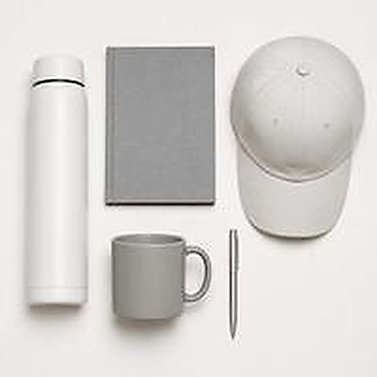 Set corporativo compuesto por termo de acero blanco, taza de cerámica mate, cuaderno de tapa dura, lapicera metálica y gorra de algodón, sin marcar