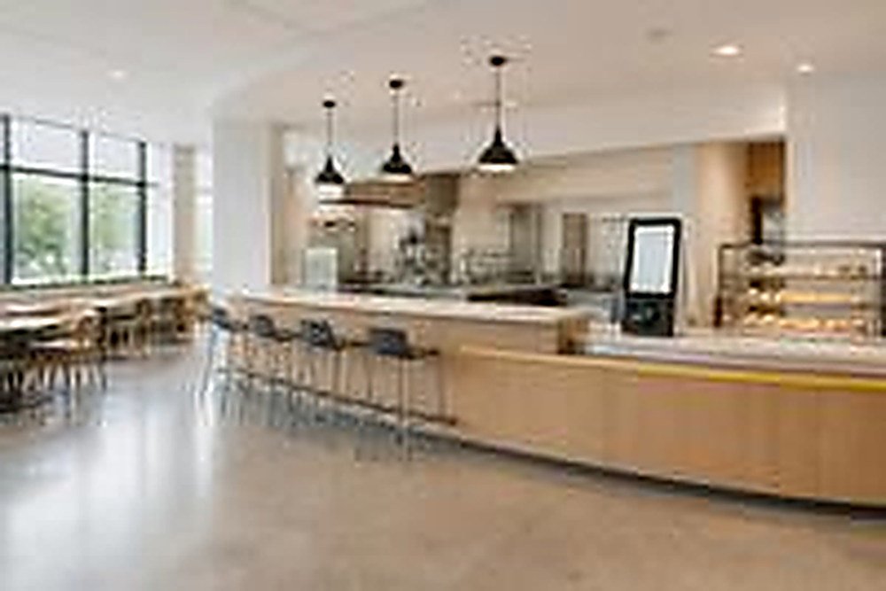 Render del interior de una cafetería institucional con barra curva de madera clara, lámparas colgantes, banquetas altas y exhibidor de pastelería
